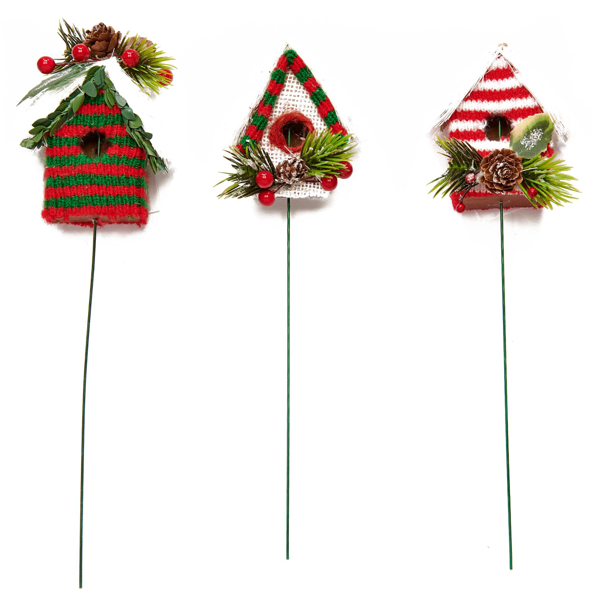 10" Holiday Decorated Birdhouse Picks, 6ct.